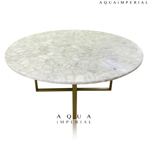 WHITE AGATE ROUND DINING TABLE WITH BRASS BASE 